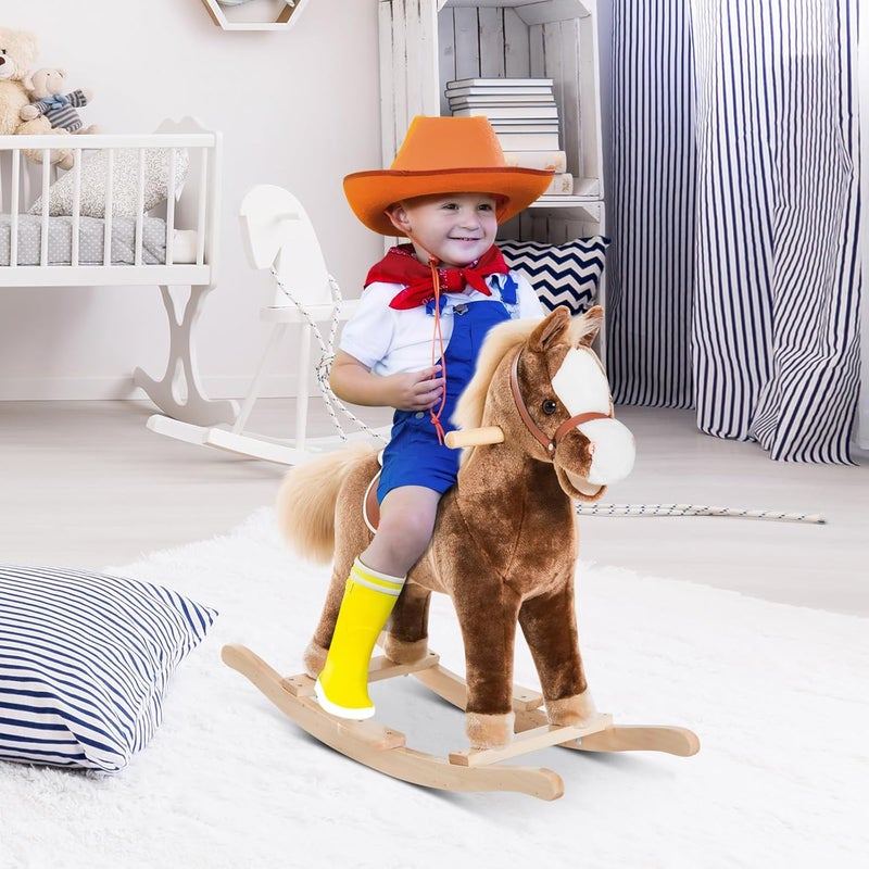 Qaba Kids Rocking Horse, Plush Toddler Rocker, Wooden Base Ride-On Toy with Handle Grip, Traditional Toy for Kids 36M+, Brown - Image 2